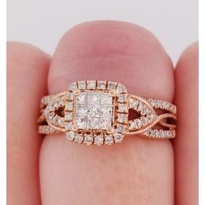 Diamond Engagement Ring Princess & Round 10K Rose Gold - Size 4,5,6,7
